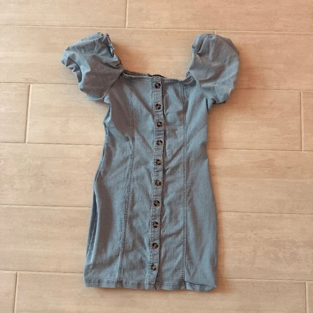 Blashe Square Neckline Puffed Sleeves Linen Blend Mini Dress Denim Blue Small